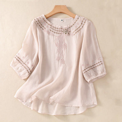 Buddha Stones Women's Crew Neck Hollow Design Half Sleeve Cotton Linen Shirt