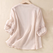 Buddha Stones Women's Crew Neck Hollow Design Half Sleeve Cotton Linen Shirt
