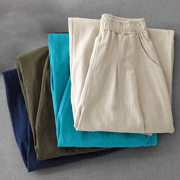 Buddha Stones Casual Plain 7-8 Length Women's Cotton Linen Harem Pants With Pockets