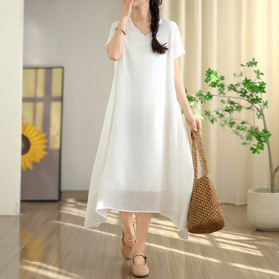 Buddha Stones Casual Daily Solid Color Irregular Design Short Sleeve Midi Dress With Pockets