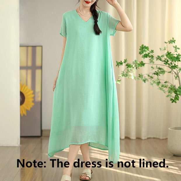 Buddha Stones Casual Daily Solid Color Irregular Design Short Sleeve Midi Dress With Pockets
