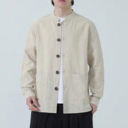 Buddha Stones Men's Button Ramie Linen Cotton Fleece Lined Jacket Shirt With Pockets