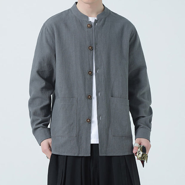 Buddha Stones Men's Button Ramie Linen Cotton Fleece Lined Jacket Shirt With Pockets