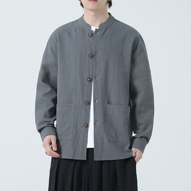 Buddha Stones Men's Button Ramie Linen Cotton Fleece Lined Jacket Shirt With Pockets