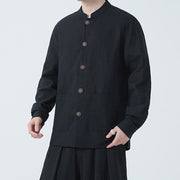 Buddha Stones Men's Button Ramie Linen Cotton Fleece Lined Jacket Shirt With Pockets