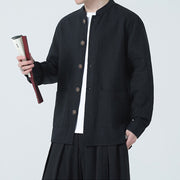 Buddha Stones Men's Button Ramie Linen Cotton Fleece Lined Jacket Shirt With Pockets