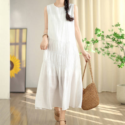 Buddha Stones Summer Casual Solid Color Pleated Design Sleeveless Midi Dress