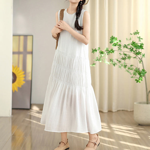 Buddha Stones Summer Casual Solid Color Pleated Design Sleeveless Midi Dress
