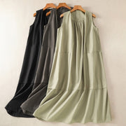 Buddha Stones Casual Retro Solid Color Pleated Crew Neck Design Sleeveless Cotton Linen Midi Dress With Pockets