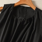 Buddha Stones Casual Retro Solid Color Pleated Crew Neck Design Sleeveless Cotton Linen Midi Dress With Pockets
