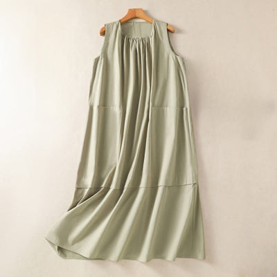 Buddha Stones Casual Retro Solid Color Pleated Crew Neck Design Sleeveless Cotton Linen Midi Dress With Pockets