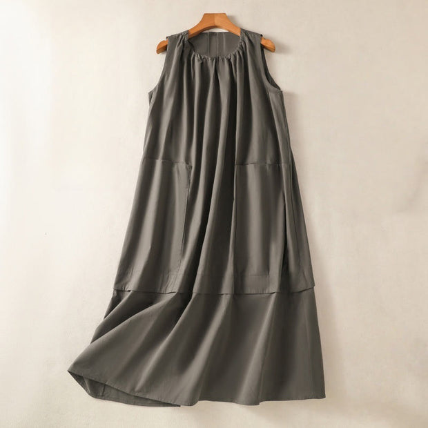 Buddha Stones Casual Retro Solid Color Pleated Crew Neck Design Sleeveless Cotton Linen Midi Dress With Pockets