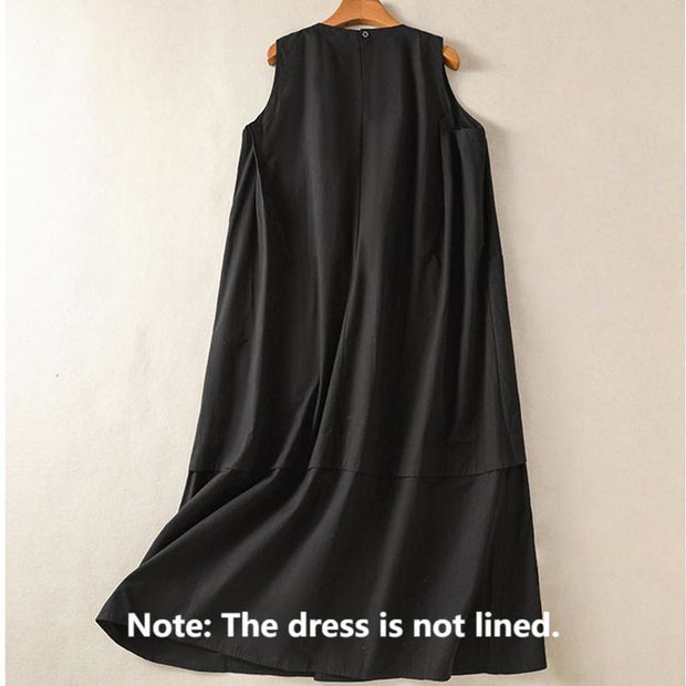 Buddha Stones Casual Retro Solid Color Pleated Crew Neck Design Sleeveless Cotton Linen Midi Dress With Pockets