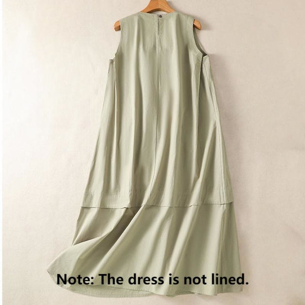 Buddha Stones Casual Retro Solid Color Pleated Crew Neck Design Sleeveless Cotton Linen Midi Dress With Pockets