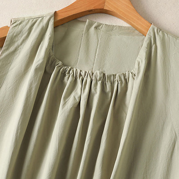 Buddha Stones Casual Retro Solid Color Pleated Crew Neck Design Sleeveless Cotton Linen Midi Dress With Pockets
