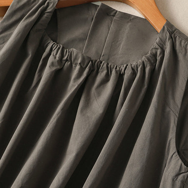 Buddha Stones Casual Retro Solid Color Pleated Crew Neck Design Sleeveless Cotton Linen Midi Dress With Pockets