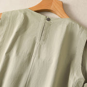 Buddha Stones Casual Retro Solid Color Pleated Crew Neck Design Sleeveless Cotton Linen Midi Dress With Pockets