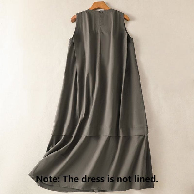 Buddha Stones Casual Retro Solid Color Pleated Crew Neck Design Sleeveless Cotton Linen Midi Dress With Pockets