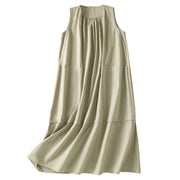 Buddha Stones Casual Retro Solid Color Pleated Crew Neck Design Sleeveless Cotton Linen Midi Dress With Pockets