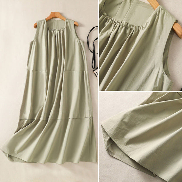 Buddha Stones Casual Retro Solid Color Pleated Crew Neck Design Sleeveless Cotton Linen Midi Dress With Pockets
