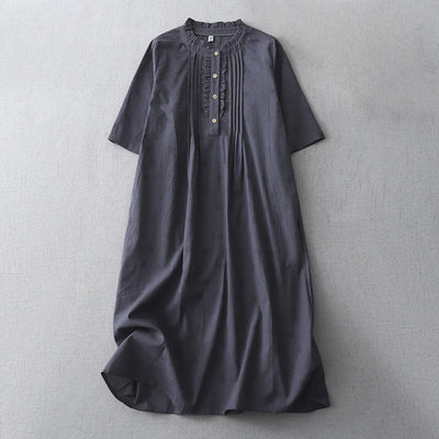 Buddha Stones Casual Retro Solid Color Button Ruffled Crew Neck Design Short Sleeve Cotton Linen Midi Dress With Pockets