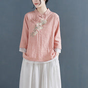 Buddha Stones Flower Embroidery Three Quarter Sleeve Frog-Button Mandarin Collar Cotton Linen Women's Shirt