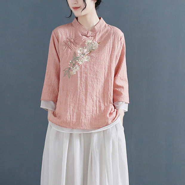 Buddha Stones Flower Embroidery Three Quarter Sleeve Frog-Button Mandarin Collar Cotton Linen Women's Shirt