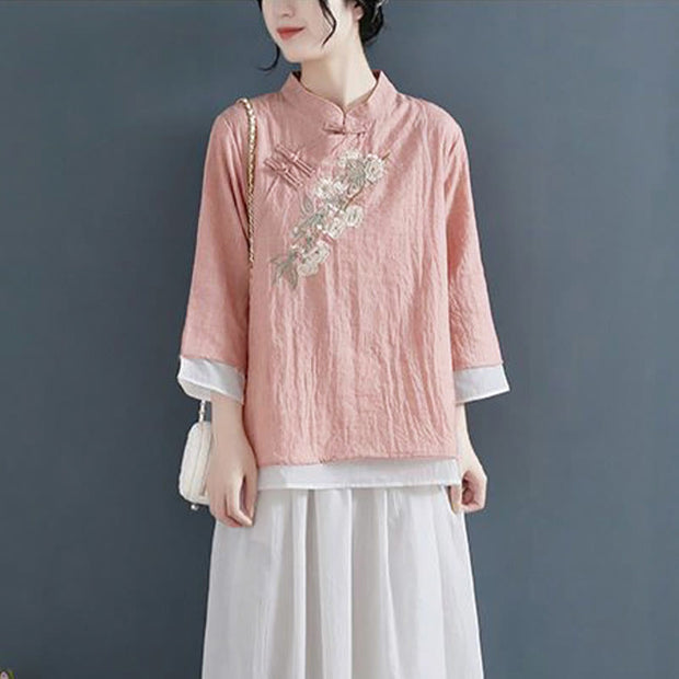 Buddha Stones Flower Embroidery Three Quarter Sleeve Frog-Button Mandarin Collar Cotton Linen Women's Shirt