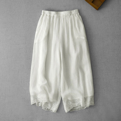 Buddha Stones Commute Solid Color Lace Embroidery Design Cotton Women's Wide Leg Cropped Pants With Pockets