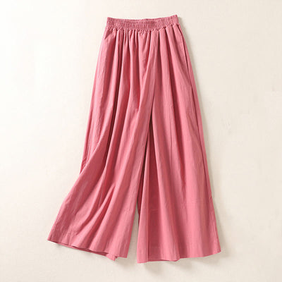 Buddha Stones Commute Retro Plain High Waist Women's Wide Leg 7-8 Length Cotton Linen Pants With Pockets