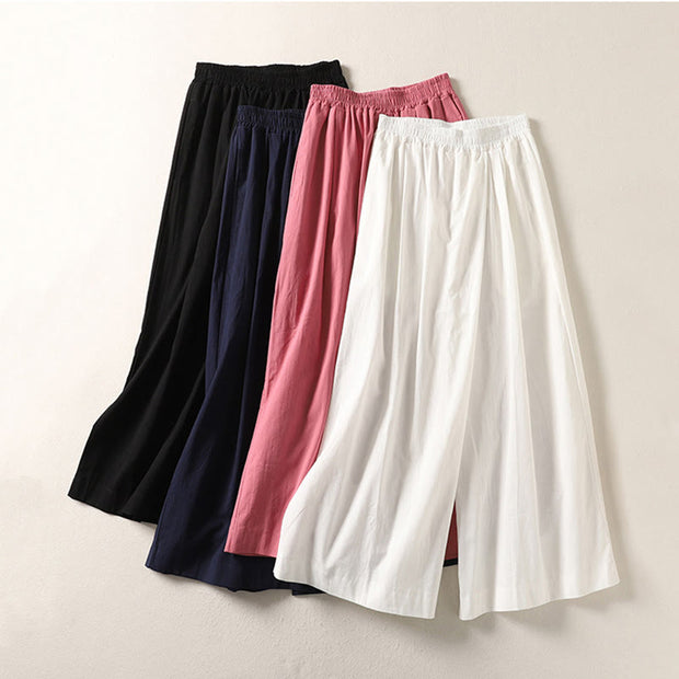 Buddha Stones Commute Retro Plain High Waist Women's Wide Leg 7-8 Length Cotton Linen Pants With Pockets