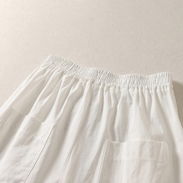 Buddha Stones Commute Retro Plain High Waist Women's Wide Leg 7-8 Length Cotton Linen Pants With Pockets