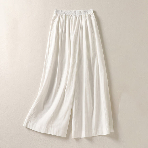 Buddha Stones Commute Retro Plain High Waist Women's Wide Leg 7-8 Length Cotton Linen Pants With Pockets