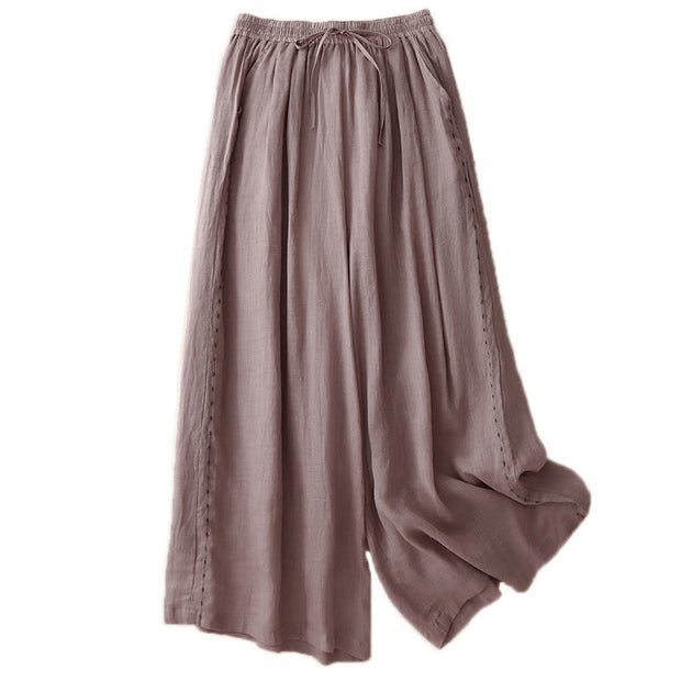 Buddha Stones Commute Solid Color Embroidery Drawstring Women's Wide Leg Ankle-Length Cotton Pants With Pockets