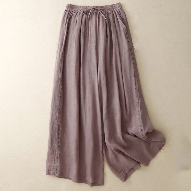 Buddha Stones Commute Solid Color Embroidery Drawstring Women's Wide Leg Ankle-Length Cotton Pants With Pockets