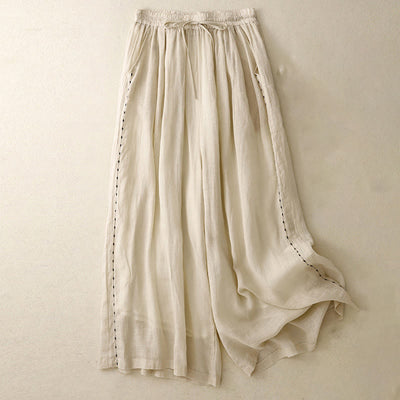 Buddha Stones Commute Solid Color Embroidery Drawstring Women's Wide Leg Ankle-Length Cotton Pants With Pockets