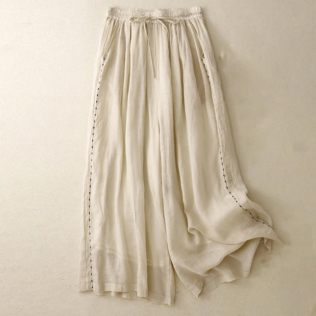 Buddha Stones Commute Solid Color Embroidery Drawstring Women's Wide Leg Ankle-Length Cotton Pants With Pockets