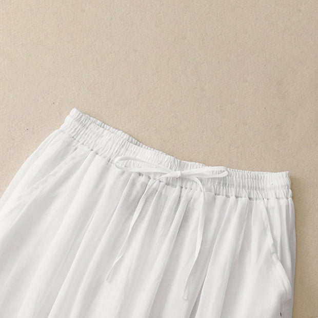 Buddha Stones Commute Solid Color Embroidery Drawstring Women's Wide Leg Ankle-Length Cotton Pants With Pockets