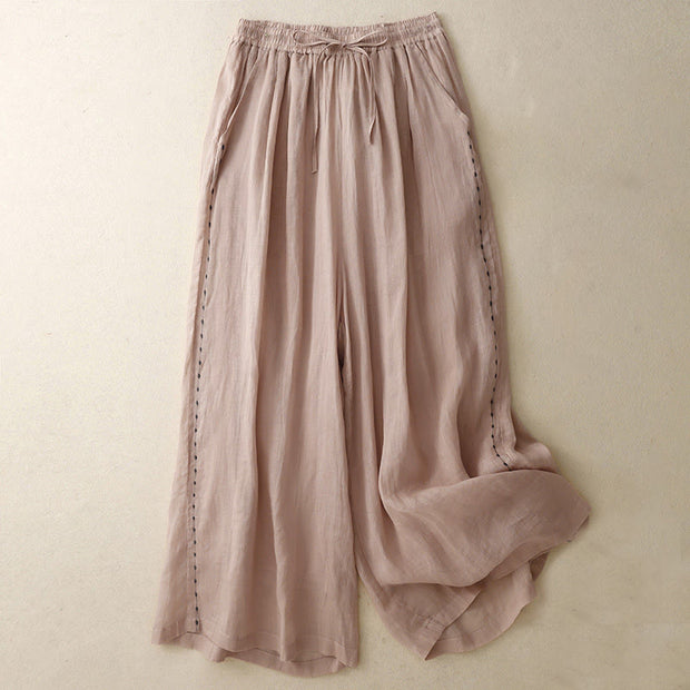 Buddha Stones Commute Solid Color Embroidery Drawstring Women's Wide Leg Ankle-Length Cotton Pants With Pockets
