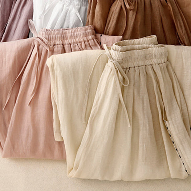 Buddha Stones Commute Solid Color Embroidery Drawstring Women's Wide Leg Ankle-Length Cotton Pants With Pockets