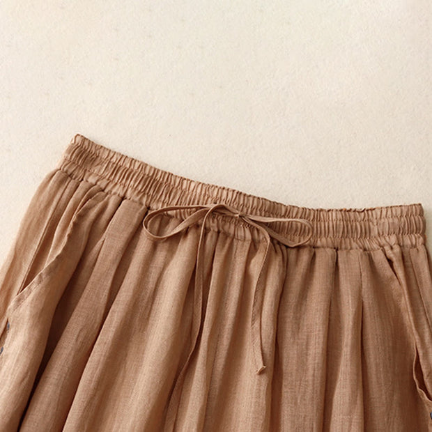 Buddha Stones Commute Solid Color Embroidery Drawstring Women's Wide Leg Ankle-Length Cotton Pants With Pockets
