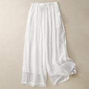 Buddha Stones Commute Solid Color Embroidery Drawstring Women's Wide Leg Ankle-Length Cotton Pants With Pockets