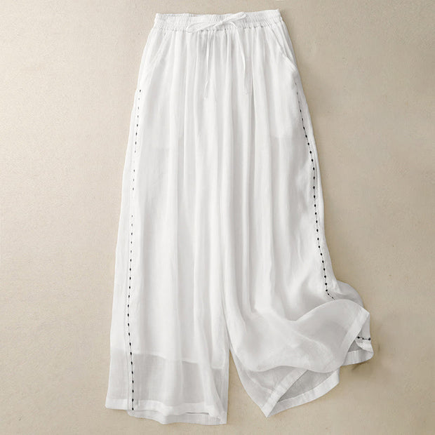 Buddha Stones Commute Solid Color Embroidery Drawstring Women's Wide Leg Ankle-Length Cotton Pants With Pockets