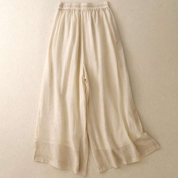 Buddha Stones Commute Solid Color Embroidery Drawstring Women's Wide Leg Ankle-Length Cotton Pants With Pockets