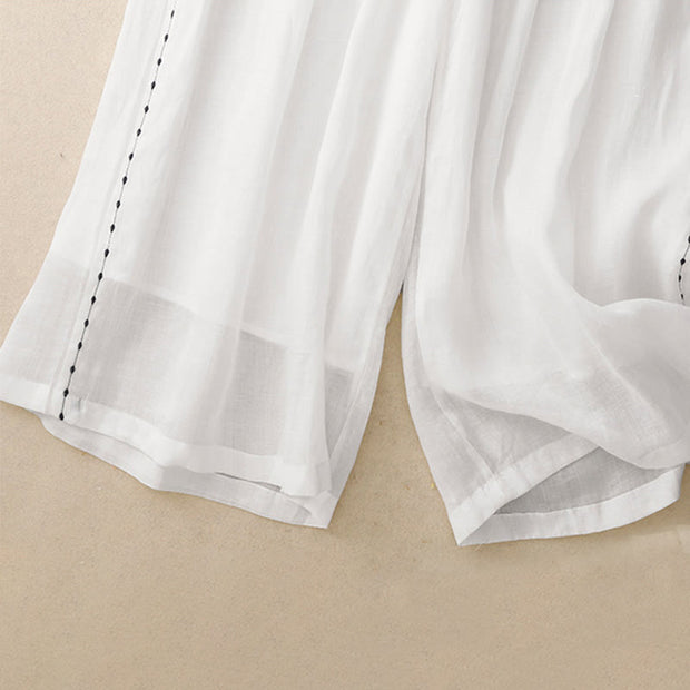 Buddha Stones Commute Solid Color Embroidery Drawstring Women's Wide Leg Ankle-Length Cotton Pants With Pockets
