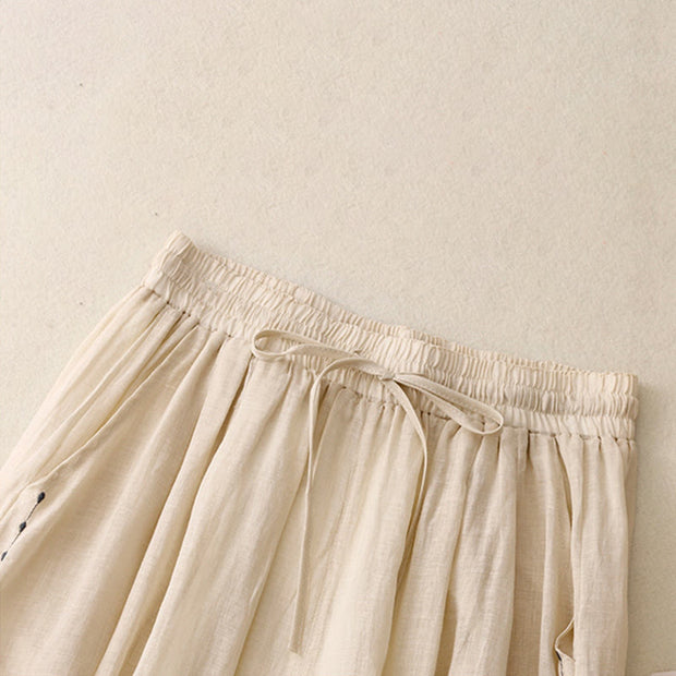 Buddha Stones Commute Solid Color Embroidery Drawstring Women's Wide Leg Ankle-Length Cotton Pants With Pockets