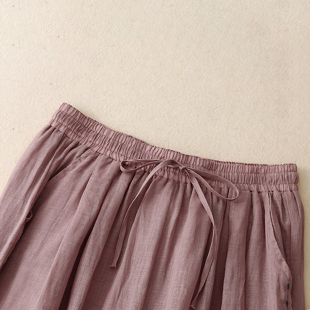 Buddha Stones Commute Solid Color Embroidery Drawstring Women's Wide Leg Ankle-Length Cotton Pants With Pockets