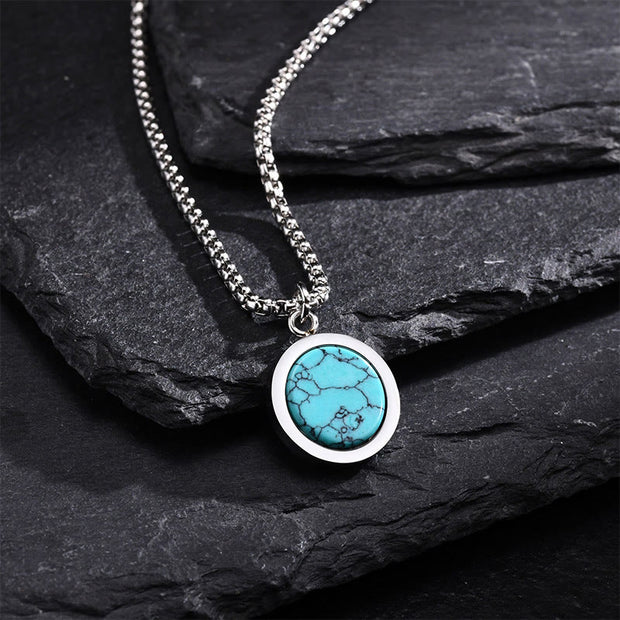 Buddha Stones Natural Stone Turquoise Tiger Eye  Lazurite Malachite Titanium Steel Purification Necklace Pendant