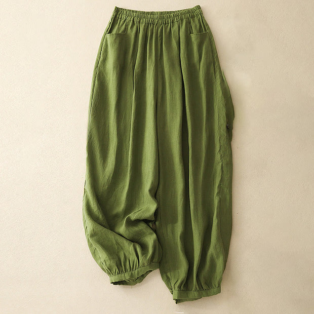 Buddha Stones Summer Commute Pure Color Women's Cotton Ankle-Length Pants With Pockets