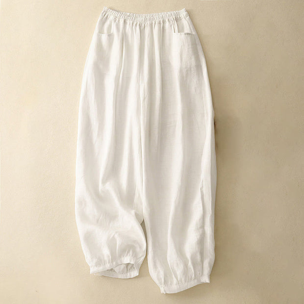 Buddha Stones Summer Commute Pure Color Women's Cotton Ankle-Length Pants With Pockets